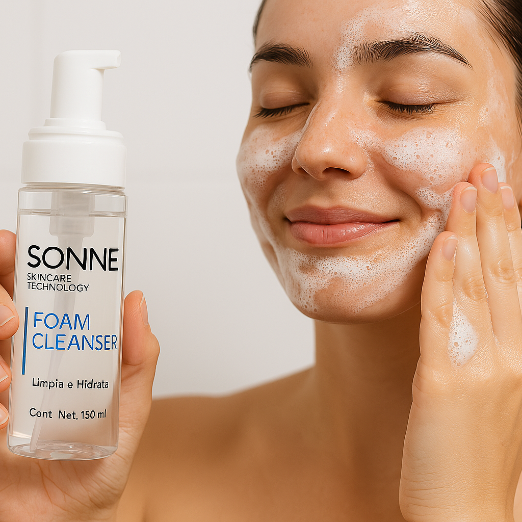 Detalle de la espuma suave del limpiador Sonne resaltando su capacidad hidratante