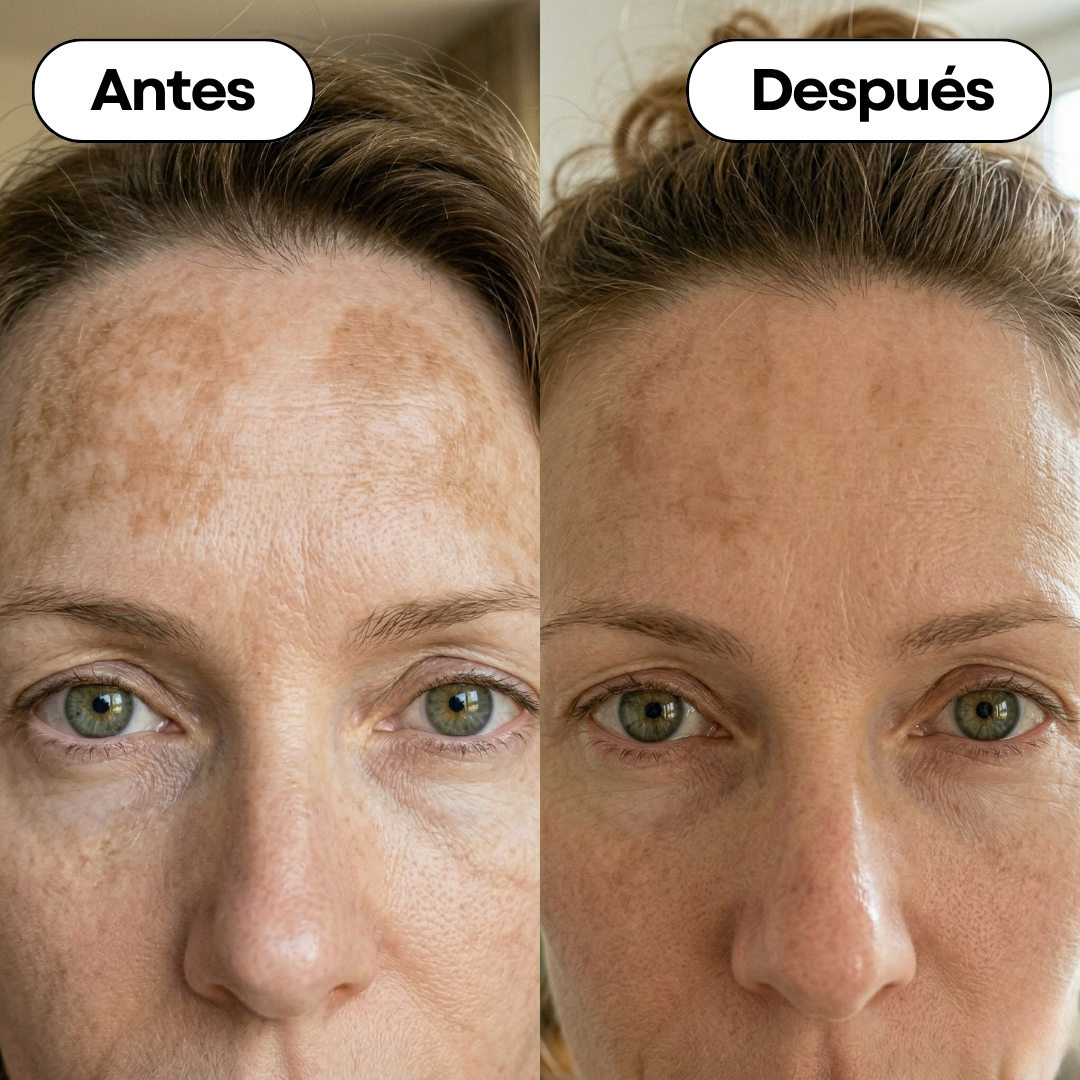 Fotos de antes y después del perfil izquierdo de una mujer que usó Sonne Fade Serum. La imagen "Antes" muestra hiperpigmentación notable y melasma en la mejilla y frente. La imagen "Después" muestra un desvanecimiento significativo de las manchas, con un tono de piel más uniforme y una tez más clara. Etiquetas "Antes" y "Después" en español.