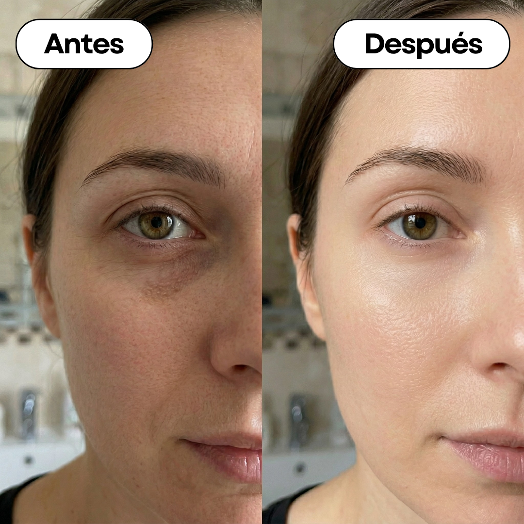 Resultados reales de antes y después usando Lift and Glow Serum: reducción visible de ojeras, bolsas y líneas de expresión finas