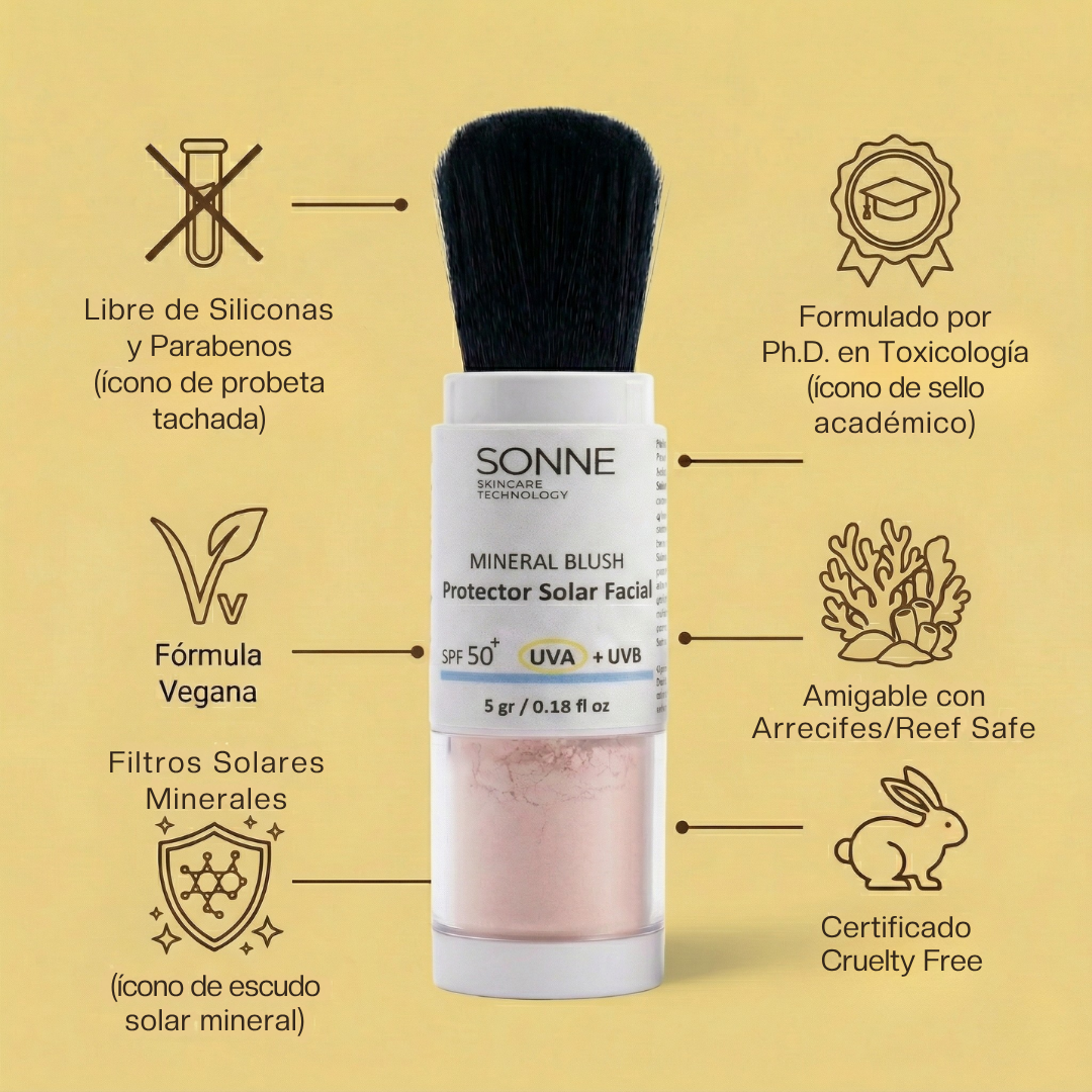 Certificaciones de Sonne Mineral Blush: fórmula vegana, libre de parabenos, amigable con arrecifes (reef safe) y certificado cruelty free.