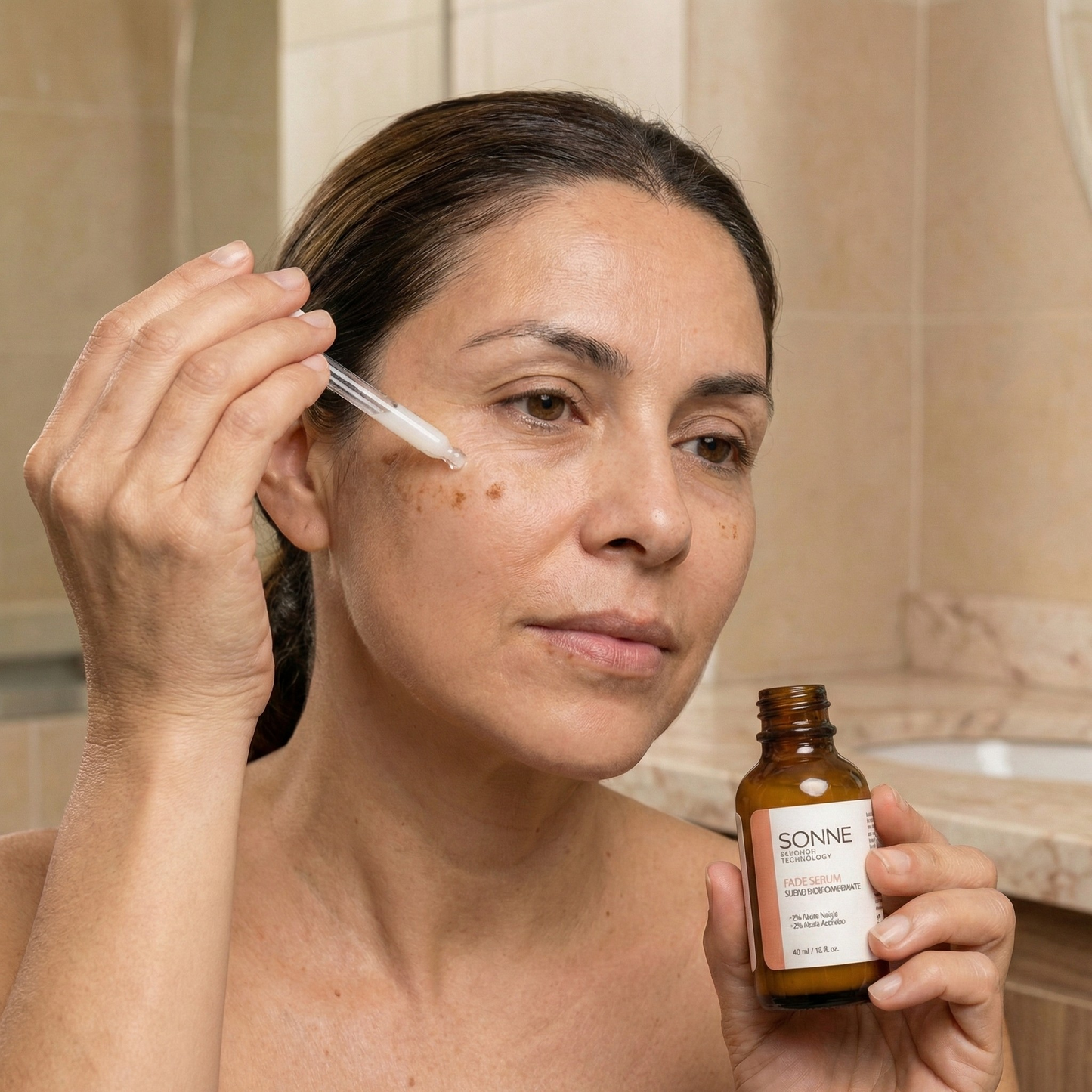 Piel con tono uniforme y luminoso tras el uso de activos despigmentantes de Sonne