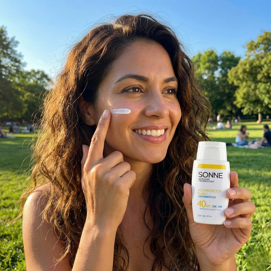 Textura ligera y transparente del protector solar fluido Sonne desapareciendo en la piel.