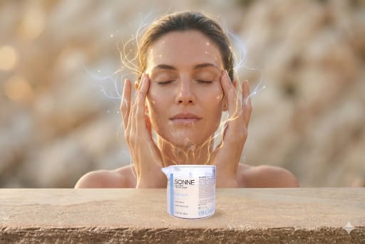 Mujer aplicando Elixir Serum de Sonne como ritual de neurocosmética para calmar el estrés y la inflamación de la piel