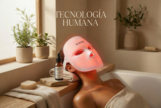 Mujer usando máscara de terapia de luz LED en casa para tratamiento de colágeno y acné, tecnología de fotobiomodulación.