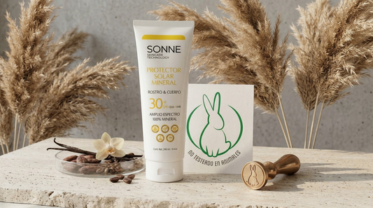 Sello de certificación Te Protejo junto a productos Sonne, garantizando skincare 100% libre de pruebas en animales mediante auditoría.