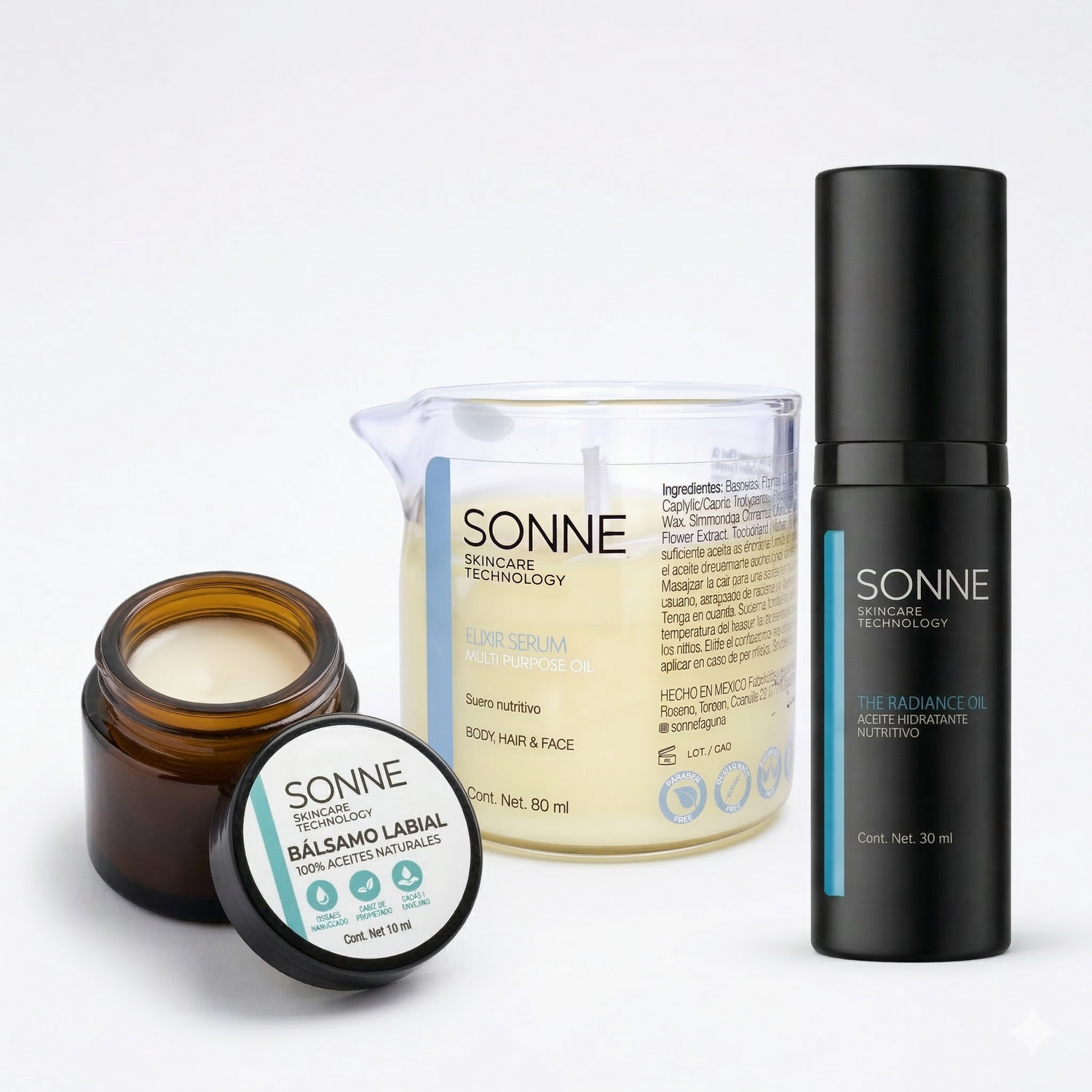 Colección de nutrición Sonne Skincare: Radiance Oil, Elixir Serum y Bálsamo de labios. Aceites faciales botánicos y tratamiento labial natural de química limpia.