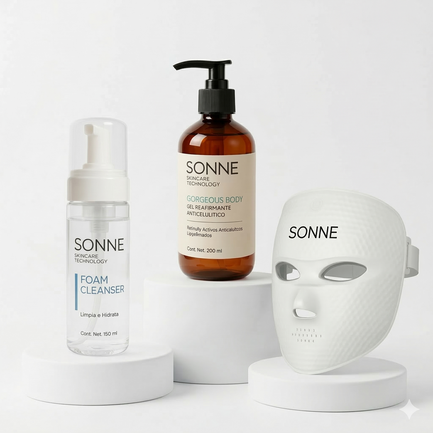Set de complementos Sonne Skincare: Foam Cleanser para limpieza facial, Gorgeous Body Gel reafirmante y Máscara LED de terapia de luz. Esenciales para una rutina de belleza completa.