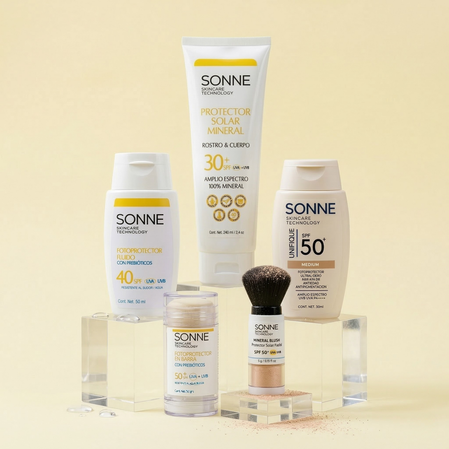 Colección de protectores solares Sonne Skincare: SPF Stick, Unifique con color, Fluido 40+ y Mineral 100% físico. Fotoprotección dermatológica de amplio espectro y química limpia para todo tipo de piel.