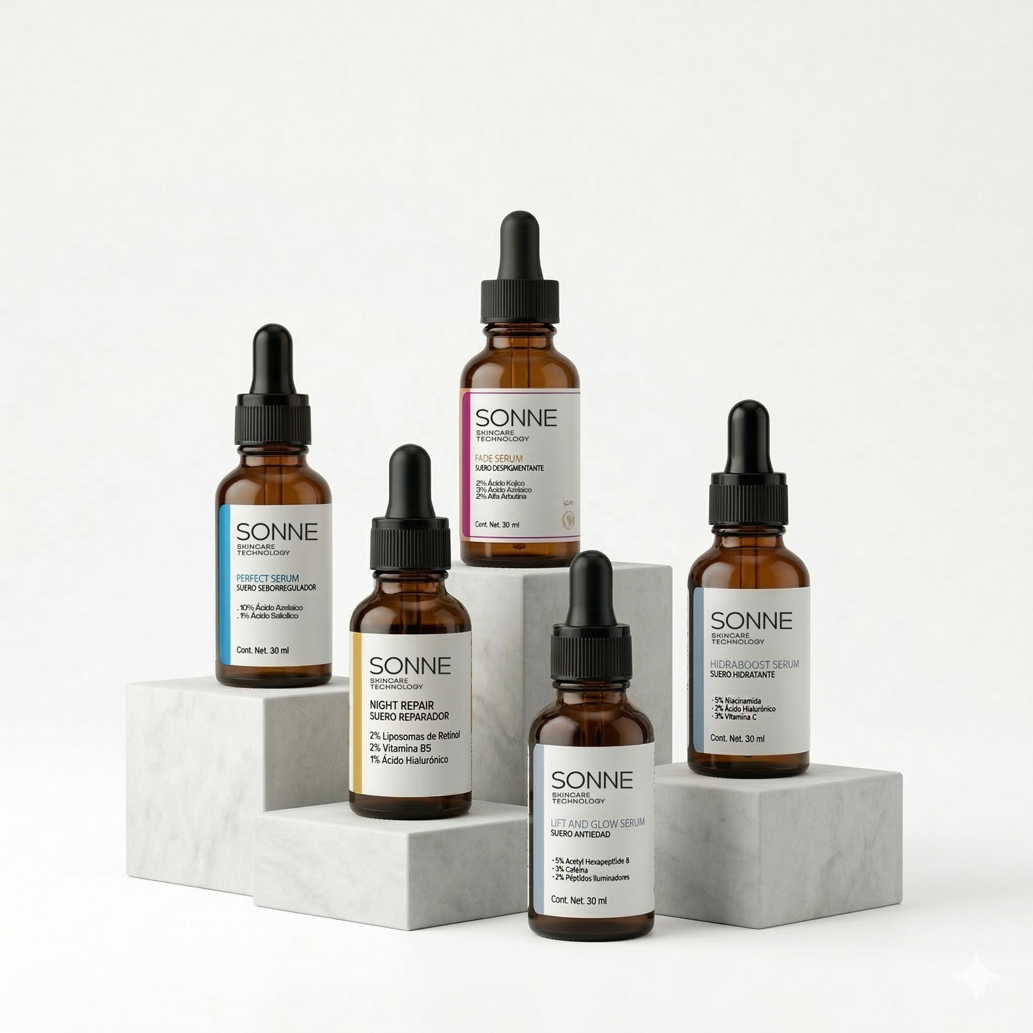 Colección completa de sueros faciales Sonne Skincare: Hidraboost, Night Repair con Retinol, Fade Serum, Perfect Serum y Lift & Glow. Rutina dermatológica de química limpia para hidratar, rejuvenecer, aclarar, controlar grasa y reafirmar la piel.