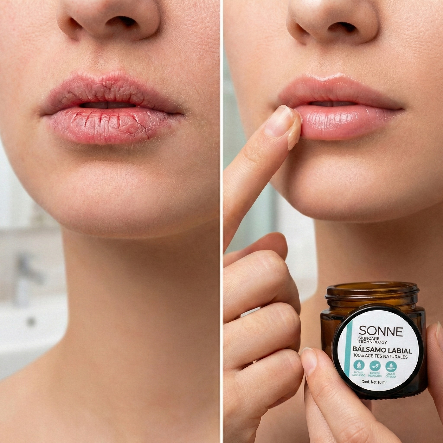 Labios agrietados sin utilizar Bálsamo Sonne VS Labios hidratados después de utilizar bálsamo Sonne