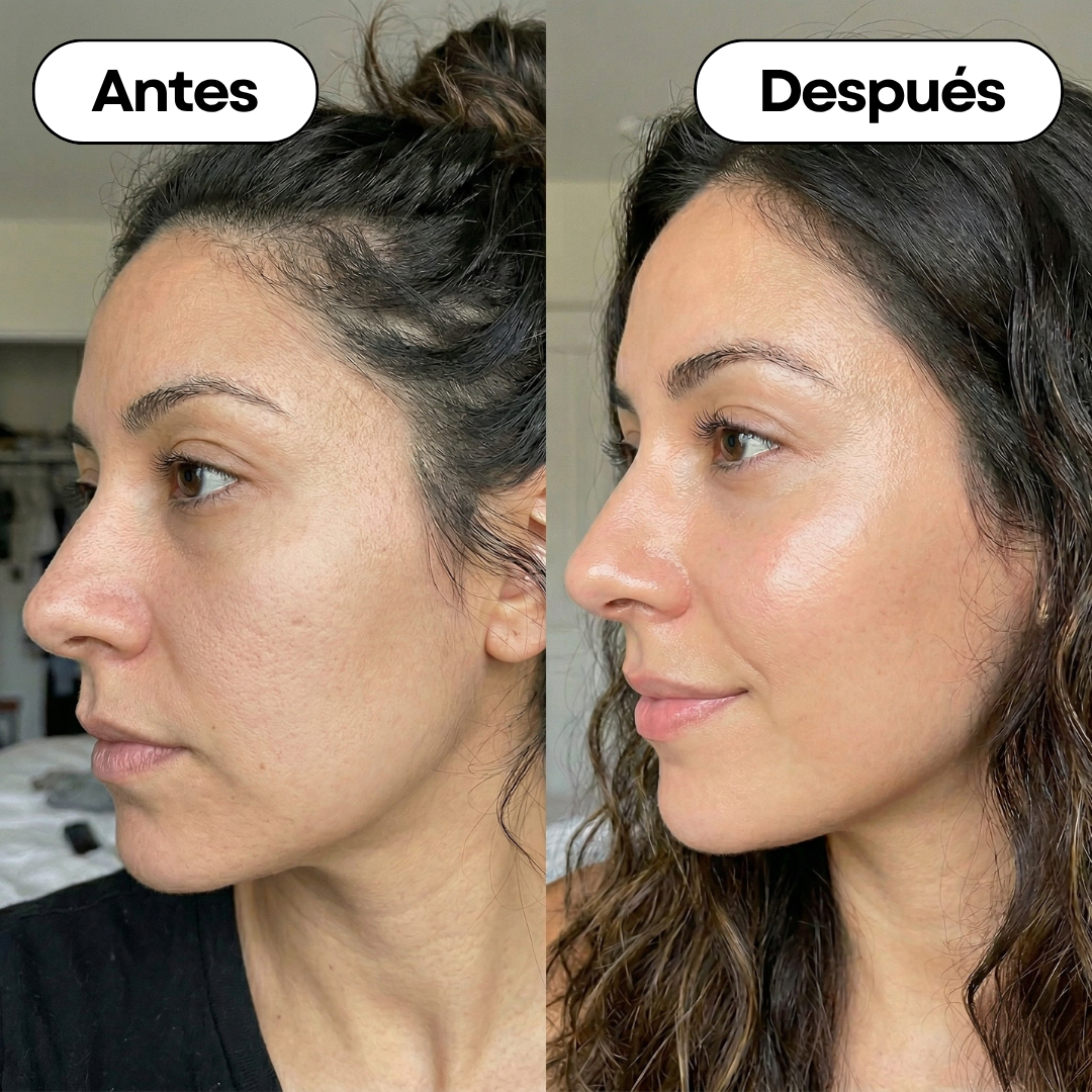 Comparativa de antes y después usando el suero Hidraboost de Sonne Skincare. Se observa una notable mejoría en la luminosidad, hidratación y suavidad de la textura de la piel del rostro.