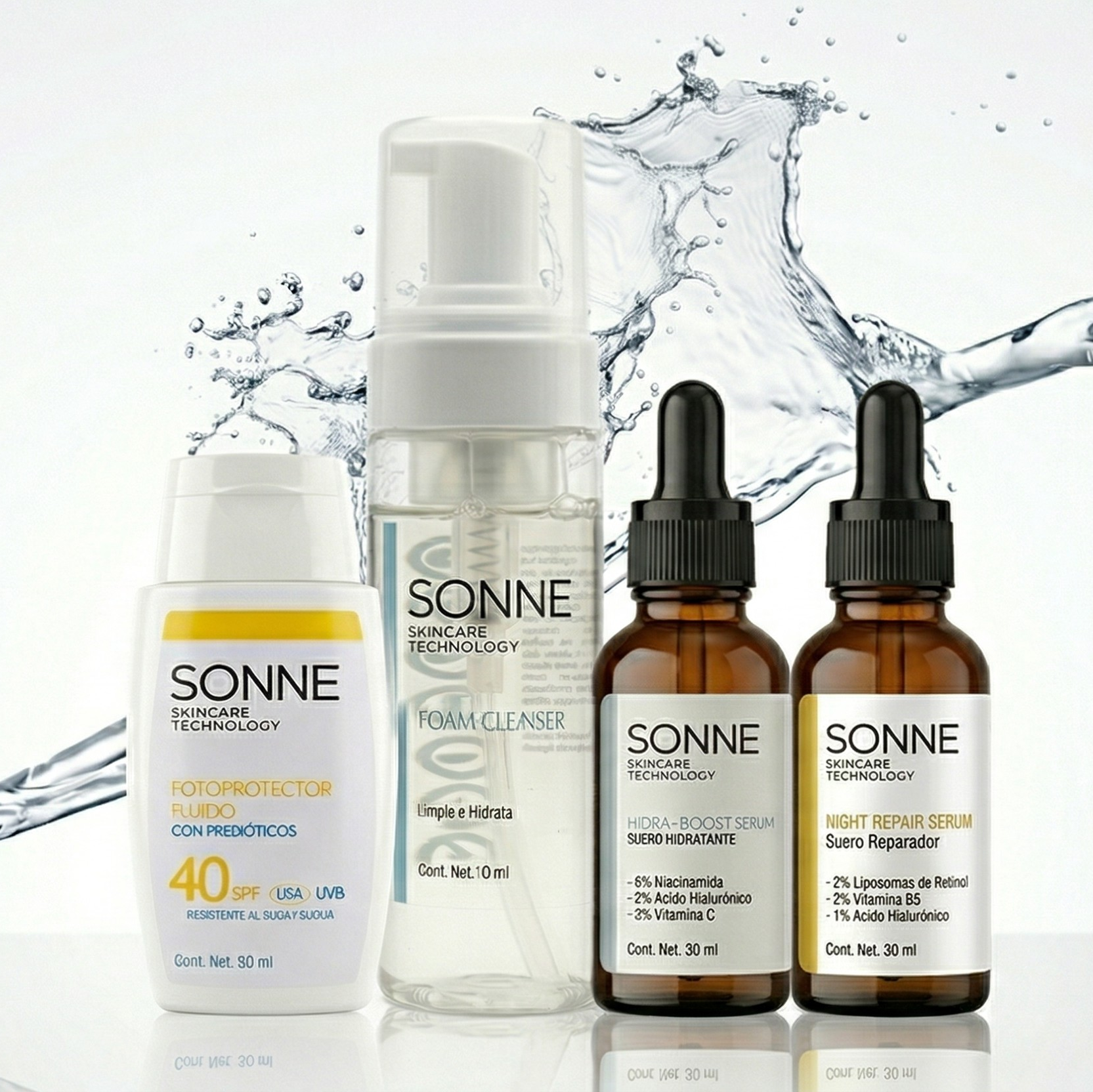 Rutina de skincare minimalista Sonne de 4 pasos: limpieza, hidratación, regeneración y protección. Productos de química limpia formulados por una toxicóloga experta para una piel sana y sin tóxicos