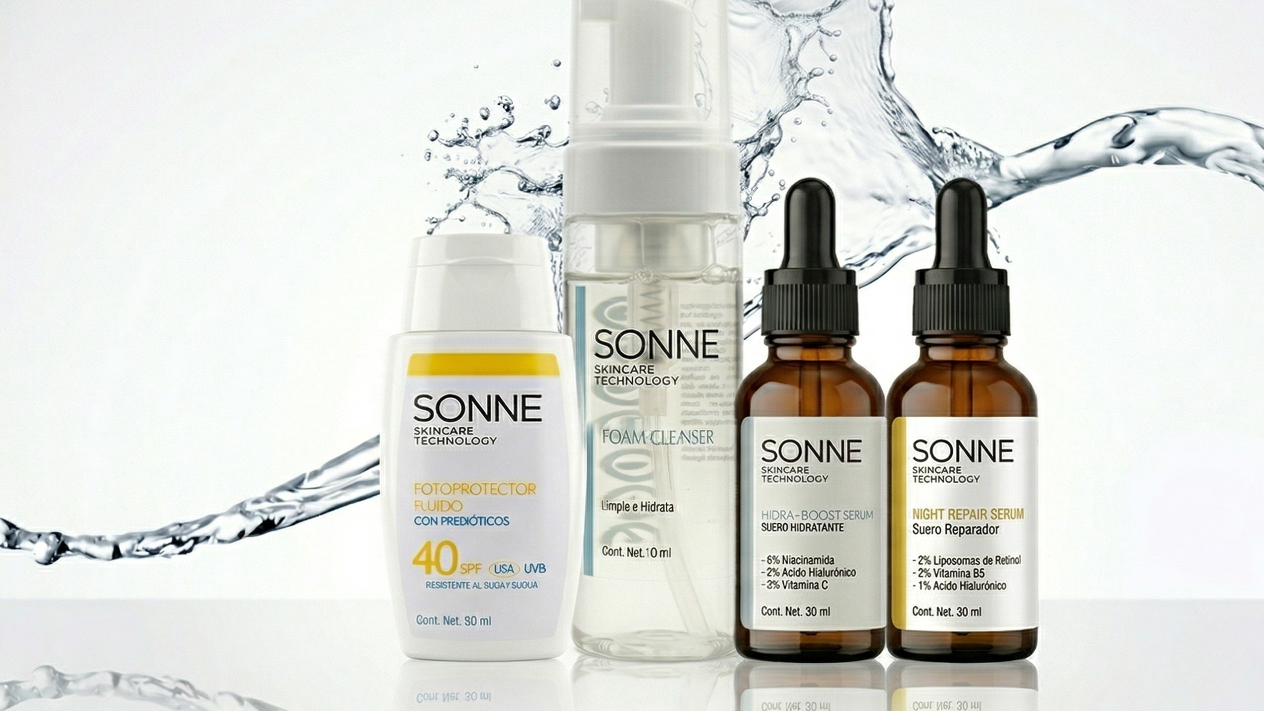 Rutina de skincare minimalista Sonne de 4 pasos: limpieza, hidratación, regeneración y protección. Productos de química limpia formulados por una toxicóloga experta para una piel sana y sin tóxicos