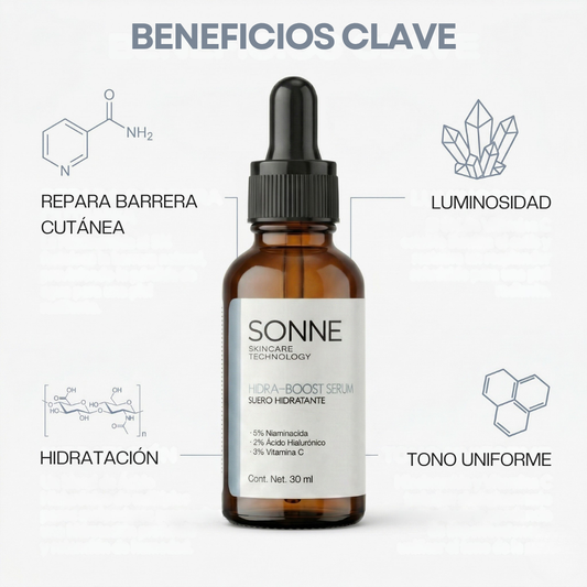 Infografía de los beneficios clave del serum Hidraboost: Reparación de la barrera cutánea con Niacinamida, luminosidad con Vitamina C, hidratación profunda con Ácido Hialurónico y tono uniforme.