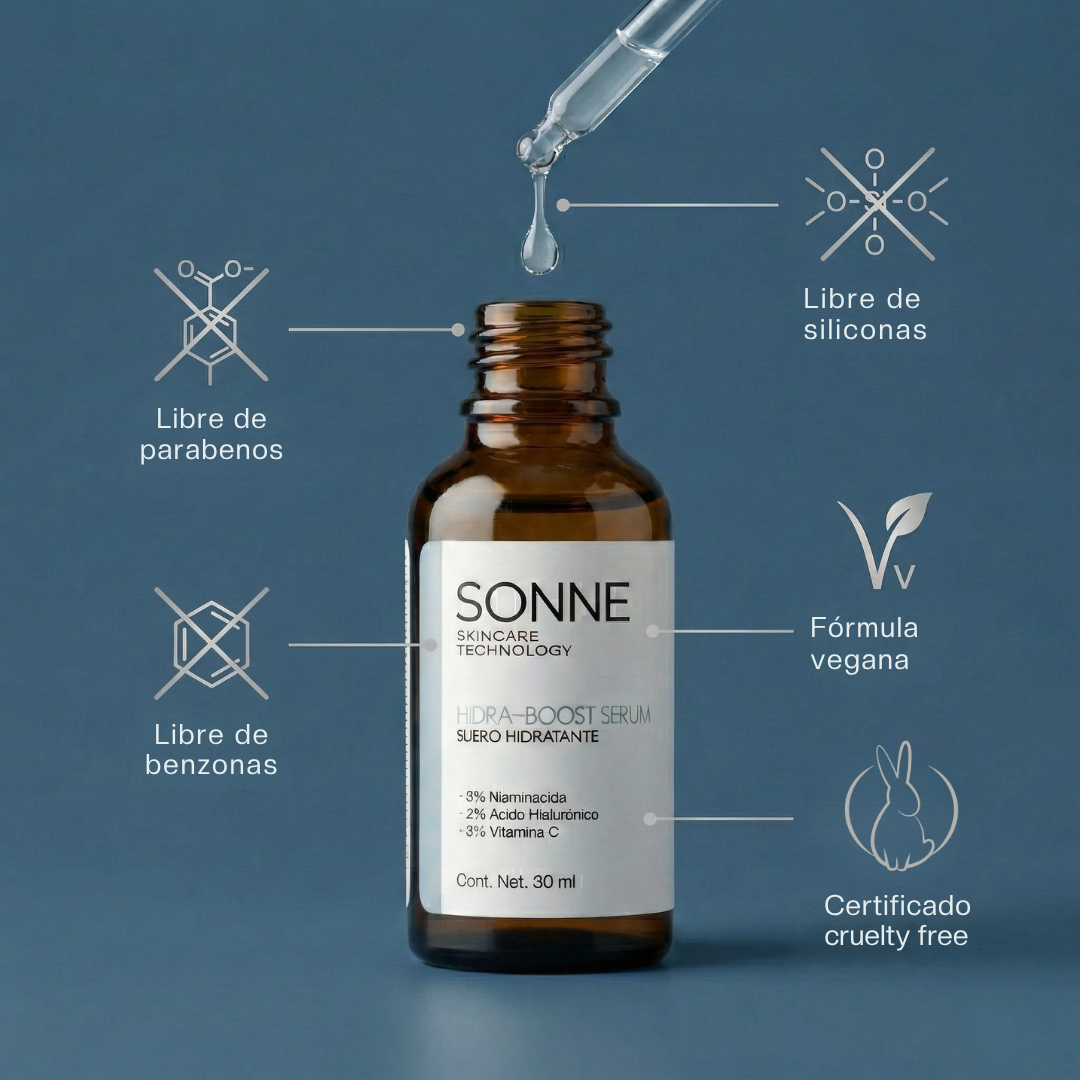 Descripción de valores de Sonne Hidraboost: fórmula vegana, certificado cruelty free, libre de parabenos, siliconas y benzonas. Suero hidratante ético de química limpia