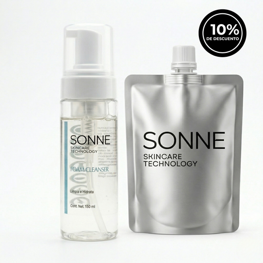 Bundle de limpieza facial Sonne Skincare: Envase original de Foam Cleanser y repuesto Refill ecológico. Jabón facial en espuma con ácido láctico y té verde.