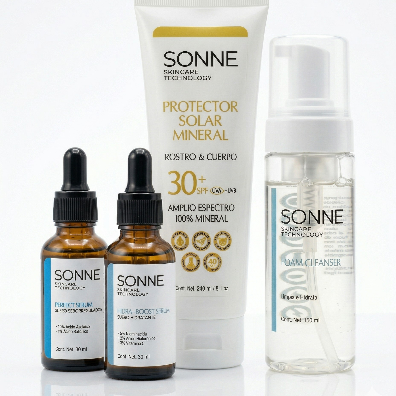 Rutina calmante para rosacea con espuma limpiadora suave, suero hidratante con niacinamida, suero con 10% acido azelaico y protector 100% mineral