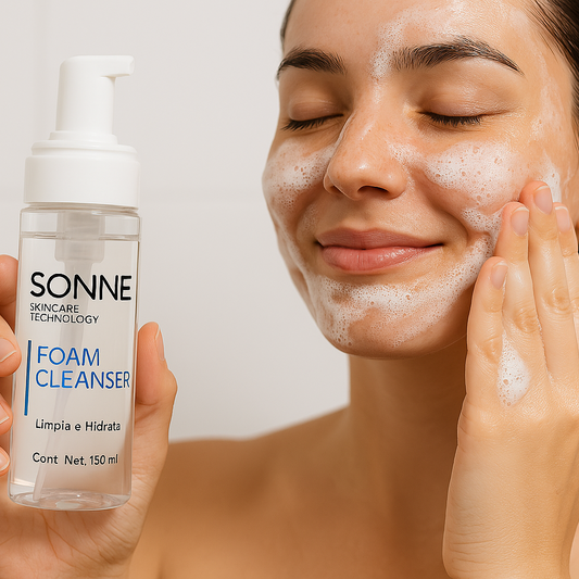 Detalle de la espuma suave del limpiador Sonne resaltando su capacidad hidratante
