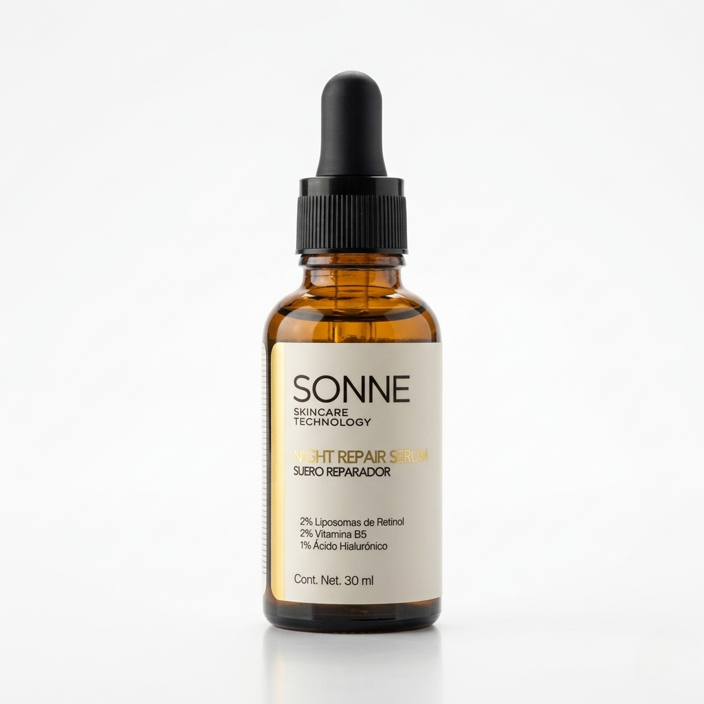Suero Night Repair de Sonne Skincare con Retinol Liposomado, Vitamina B5 y Ácido Hialurónico. Serum facial antiedad de noche para regeneración celular y química limpia