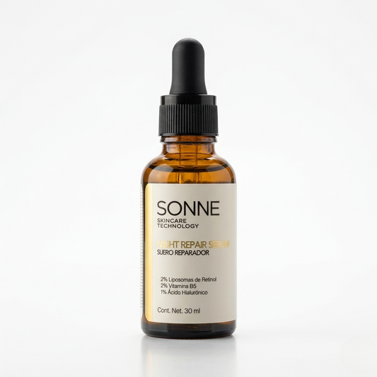 Suero Night Repair de Sonne Skincare con Retinol Liposomado, Vitamina B5 y Ácido Hialurónico. Serum facial antiedad de noche para regeneración celular y química limpia