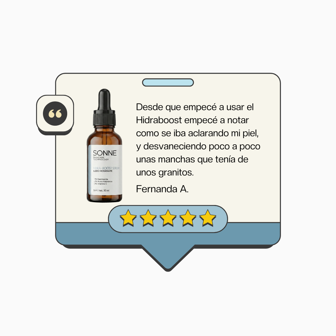 Reseña de Fernanda A. sobre Hidraboost de Sonne Skincare: 'empecé a notar como se iba aclarando mi piel y desvaneciendo manchas de granitos'. Testimonio con calificación de 5 estrellas