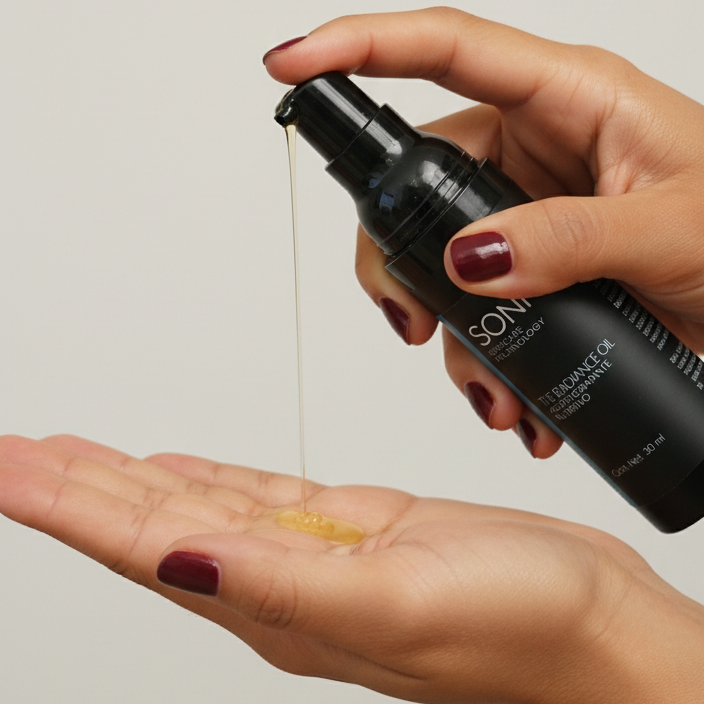 Persona aplicando Radiance Oil de Sonne Skincare para una piel luminosa.