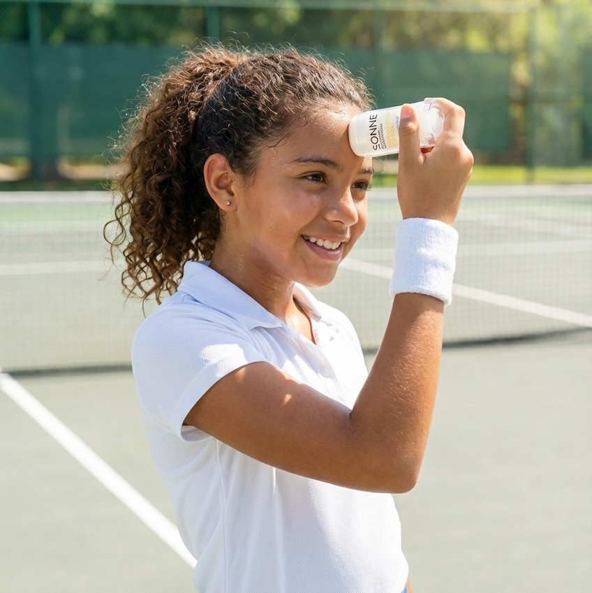 Uso de protector solar en barra Sonne durante actividades deportivas al aire libre.