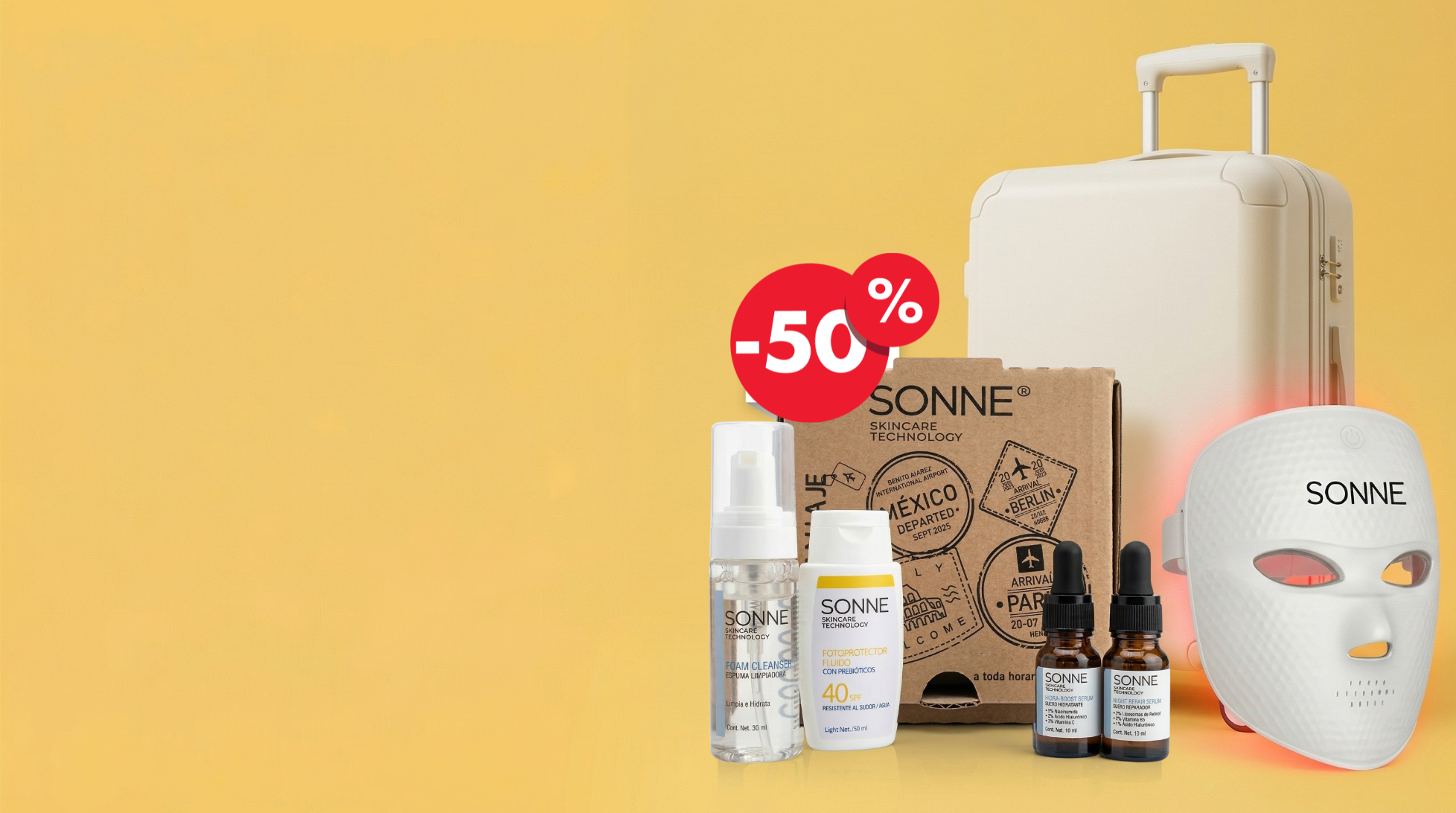 Combo de viaje Sonne: Máscara facial LED y Kit de rutina minimalista de 4 pasos en tamaño carry-on sobre fondo amarillo. Promoción exclusiva con 50% de descuento en el kit de viaje para un cuidado profesional en cualquier lugar