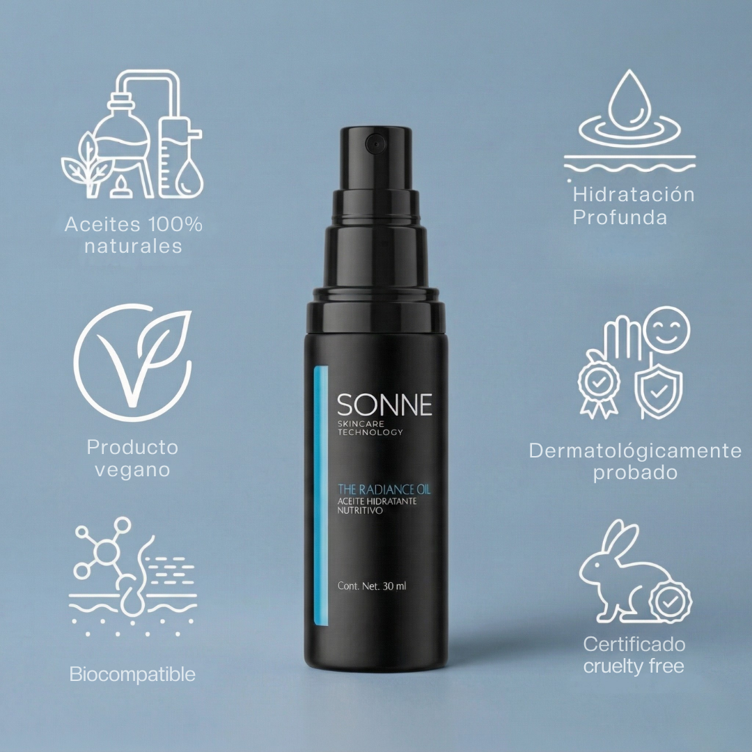 Certificaciones de The Radiance Oil de Sonne: producto vegano, certificado cruelty free, dermatológicamente probado y 100% natural