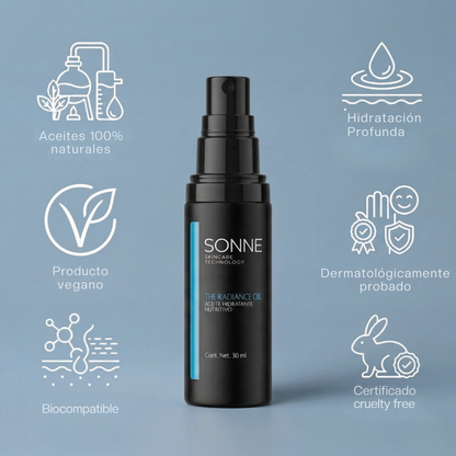 Certificaciones de The Radiance Oil de Sonne: producto vegano, certificado cruelty free, dermatológicamente probado y 100% natural