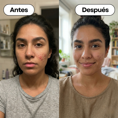 Resultados reales de antes y después usando Perfect Serum en piel con tendencia al acné, mostrando reducción de brotes e inflamación.