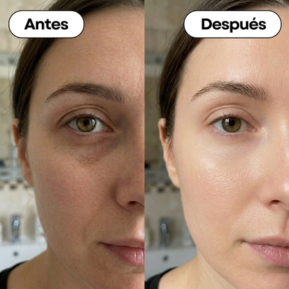 Resultados reales de antes y después usando Lift and Glow Serum: reducción visible de ojeras, bolsas y líneas de expresión finas