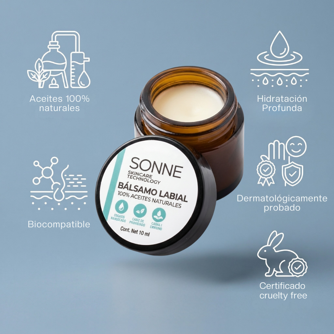 Bálsamo labial Sonne 100% natural y biocompatible para hidratación profunda de los labios; dermatológicamente probado y certificado cruelty-free.