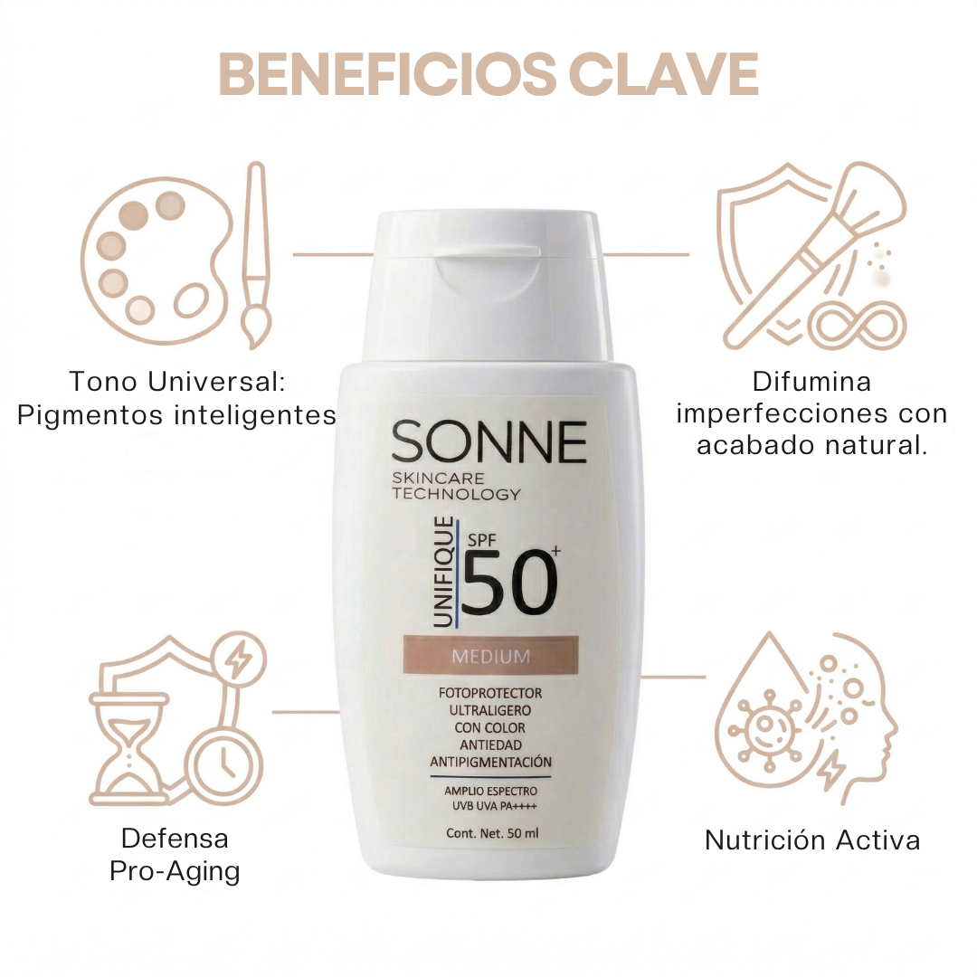 Infografía de los beneficios clave del protector solar con color SPF 50+ Unifique de Sonne: tono universal, defensa pro-aging y acabado natural.