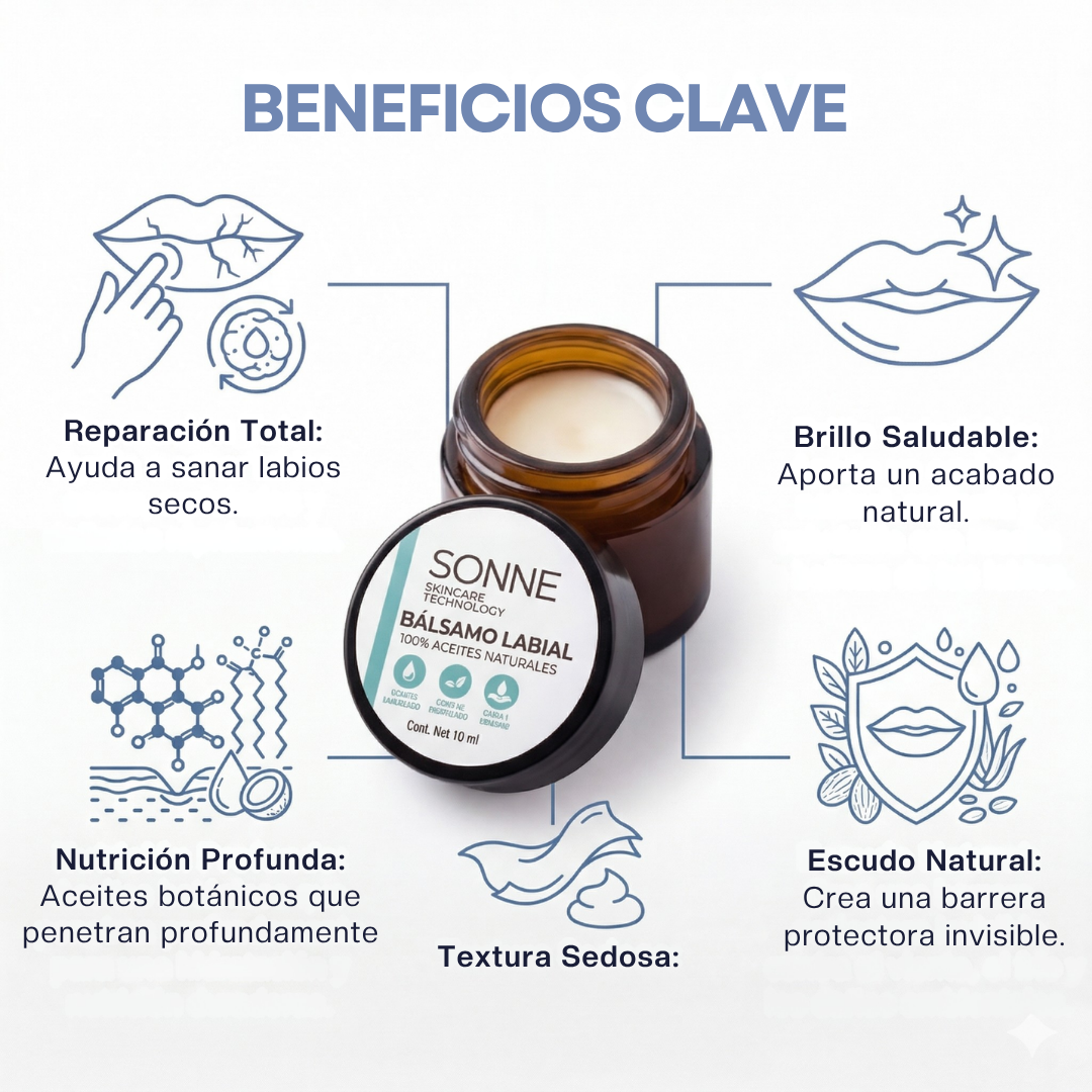 Beneficios del bálsamo Sonne: reparación total de labios secos, acabado de brillo saludable y escudo protector invisible contra el ambiente.