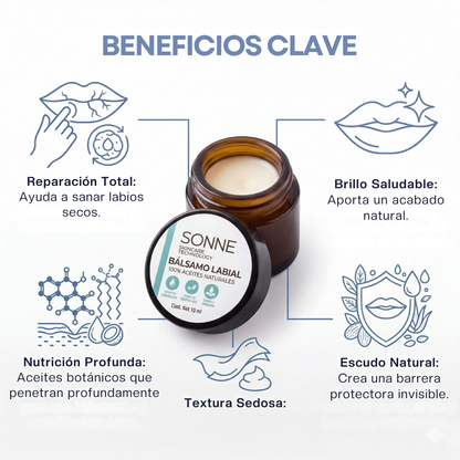 Beneficios del bálsamo Sonne: reparación total de labios secos, acabado de brillo saludable y escudo protector invisible contra el ambiente.