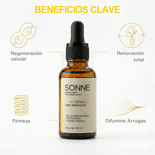 Infografía de beneficios del Night Repair Serum: regeneración celular, renovación total, firmeza y reducción de arrugas.