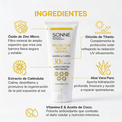 Ingredientes naturales del protector solar Sonne: Óxido de Zinc micro, Dióxido de Titanio, Aloe Vera puro y Caléndula para calmar y regenerar la piel.
