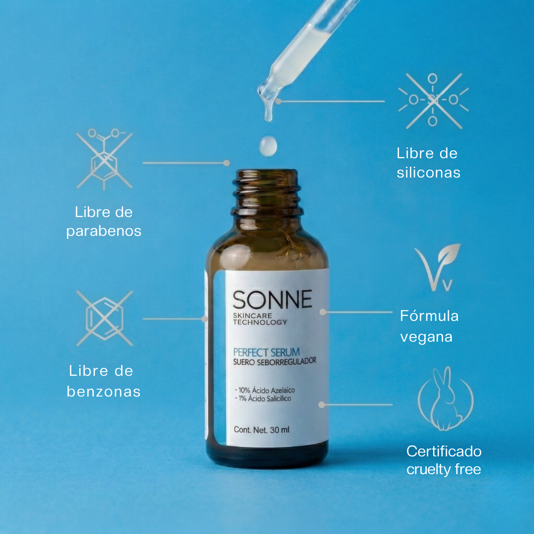 Empaque de Perfect Serum mostrando certificaciones: libre de parabenos, siliconas y benzonas, fórmula vegana y certificado cruelty-free.