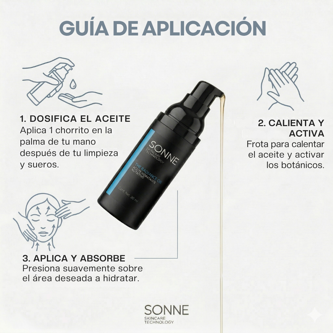 Tutorial de uso de The Radiance Oil en 3 pasos: dosificar en la palma, calentar para activar botánicos y presionar suavemente sobre el rostro