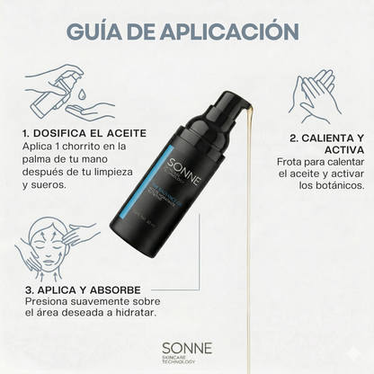 Tutorial de uso de The Radiance Oil en 3 pasos: dosificar en la palma, calentar para activar botánicos y presionar suavemente sobre el rostro