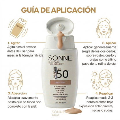 Guía de aplicación del SPF 50+ Unifique: pasos para agitar, aplicar con la regla de los dos dedos y reaplicar cada 3 horas