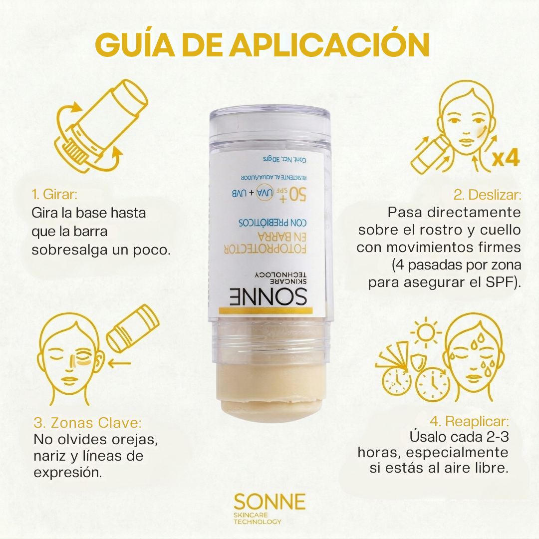 Guía de uso del bloqueador en barra Sonne: deslizar 4 veces por zona para asegurar el SPF, aplicar en orejas y nariz, y reaplicar cada 2 a 3 horas