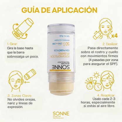Guía de uso del bloqueador en barra Sonne: deslizar 4 veces por zona para asegurar el SPF, aplicar en orejas y nariz, y reaplicar cada 2 a 3 horas