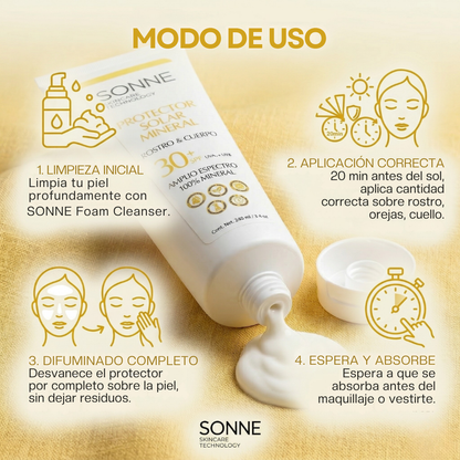 Guía de aplicación del protector solar mineral Sonne en 4 pasos para un difuminado completo sin dejar residuos blancos ni sensación pastosa.