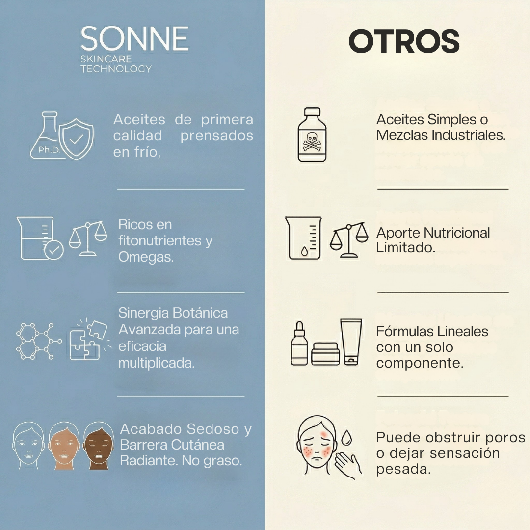 Comparativa de calidad de Sonne vs otros aceites faciales; destaca el uso de aceites de primera calidad prensados en frío y acabado no graso