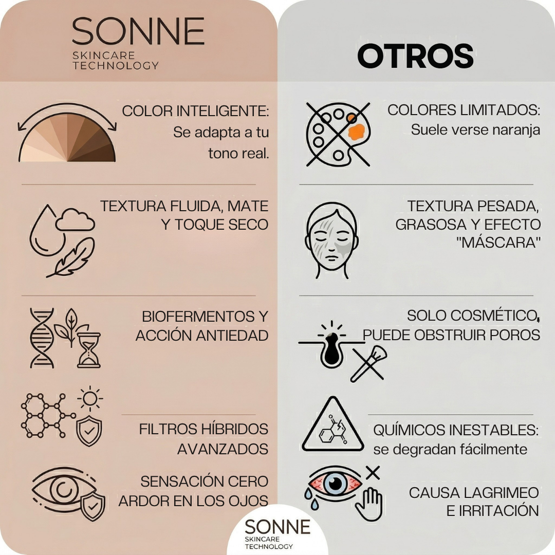Comparativa entre Sonne SPF 50+ Unifique y otros protectores; resalta su textura fluida, efecto mate y que no arde en los ojos