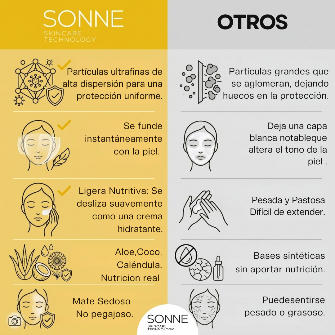 Tabla comparativa que muestra la superioridad de Sonne: partículas ultrafinas para protección uniforme vs otros protectores minerales pesados y pastosos.