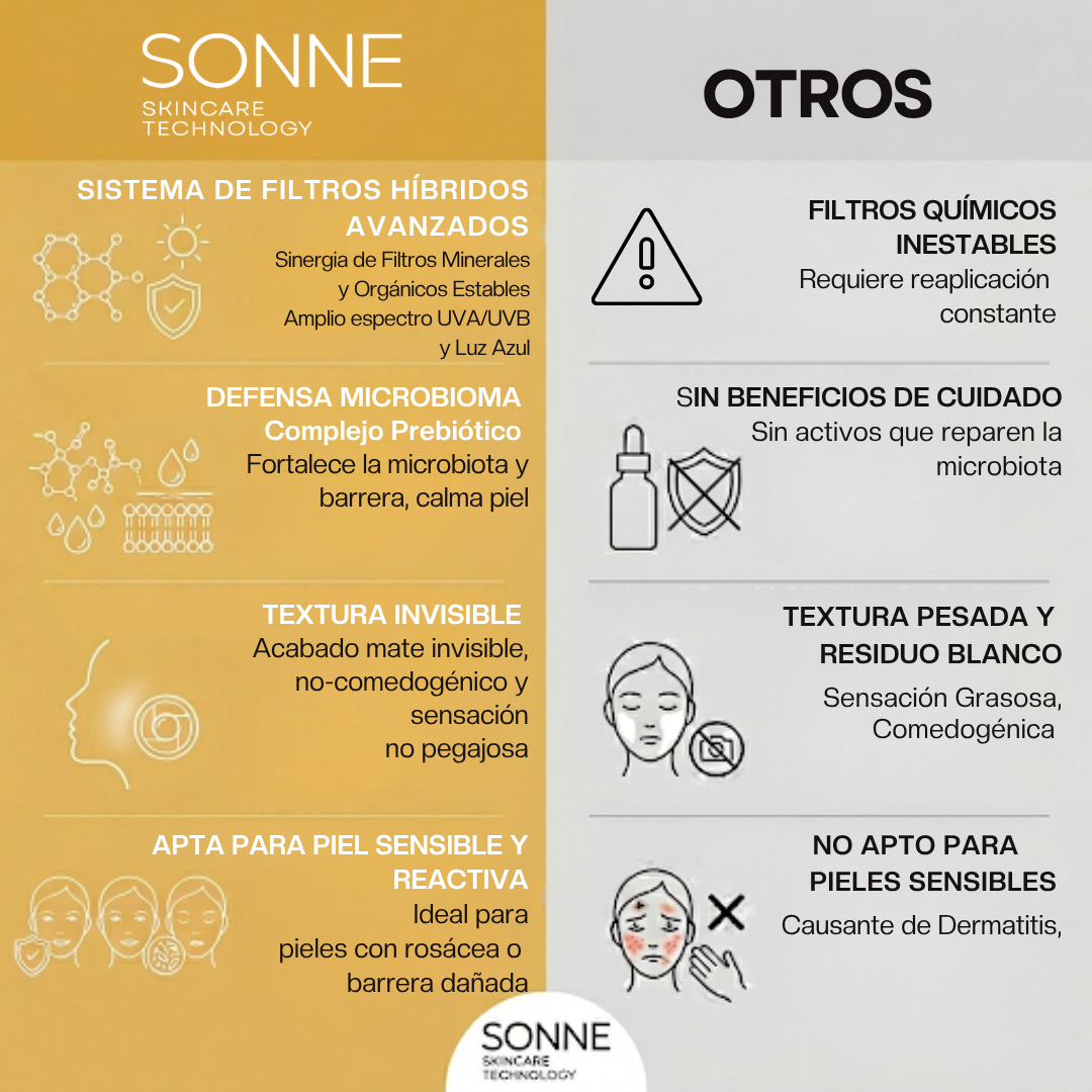 Infografía comparativa general final que destaca la tecnología Ph.D. formulado y libre de tóxicos dañinos de Sonne frente a productos de marcas comunes con químicos irritantes.