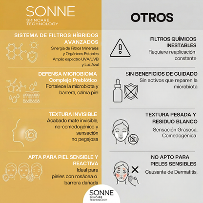 Infografía comparativa general final que destaca la tecnología Ph.D. formulado y libre de tóxicos dañinos de Sonne frente a productos de marcas comunes con químicos irritantes.